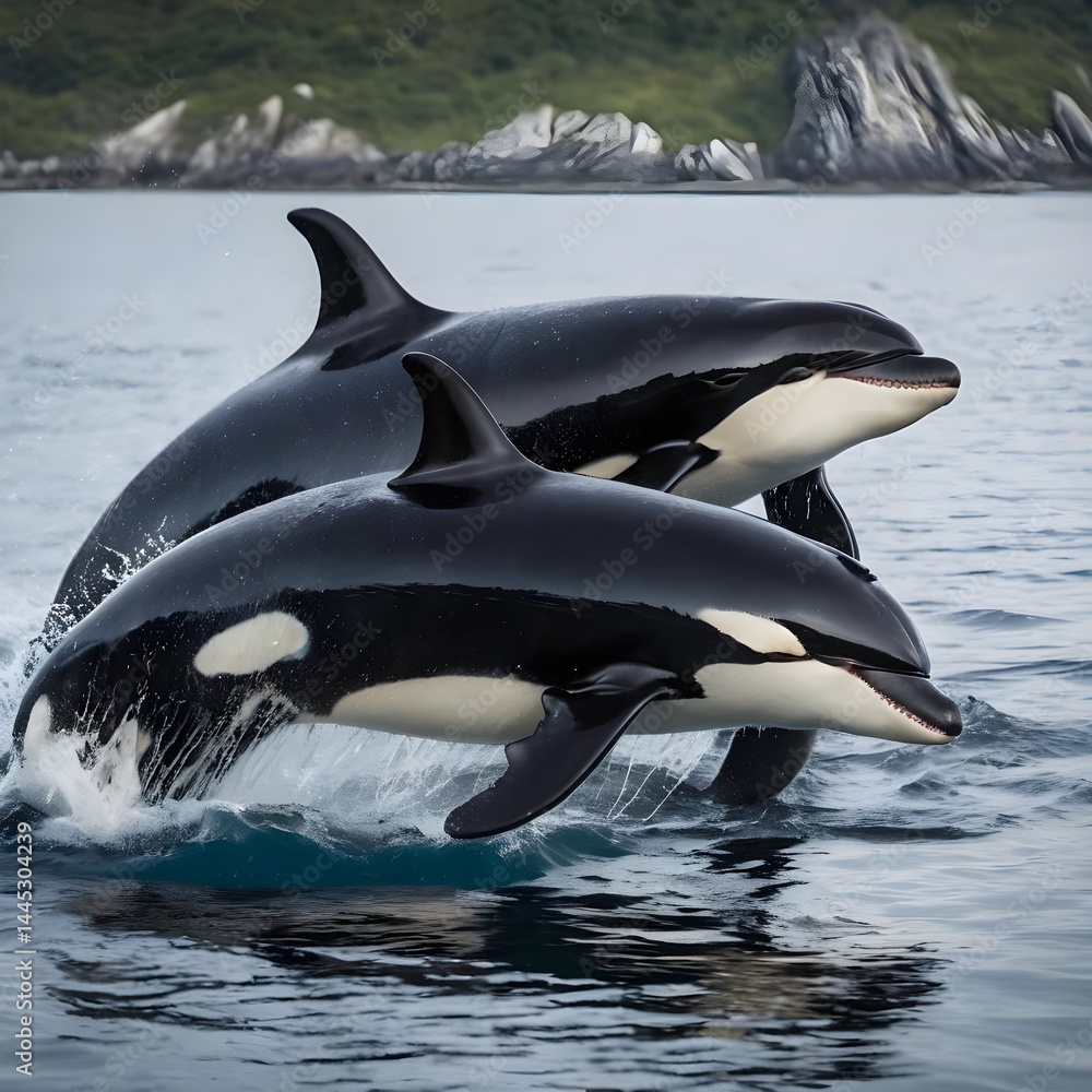 Fototapeta premium Orcas leaping from the ocean