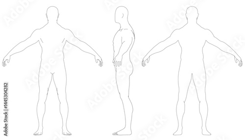 Three figures are shown in a black and white illustration. The figures are all standing upright and are all naked. Front, side, back view