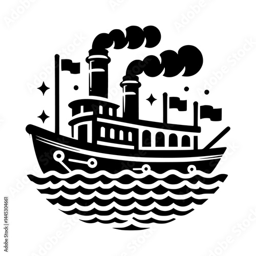 Old Steamboat Icon Logo in Black Color on White Background
