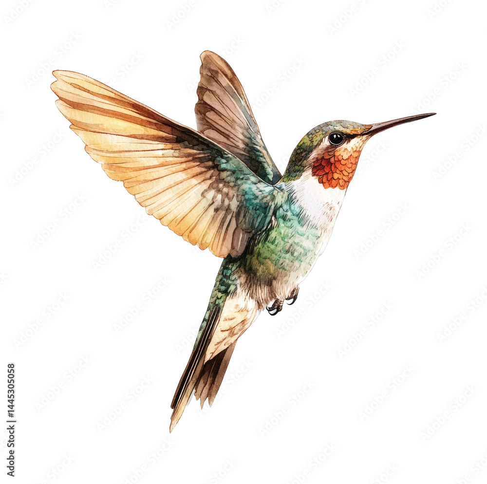 Colorful hummingbird in flight with detailed feathers Colorful hummingbird in flight with detailed feathers