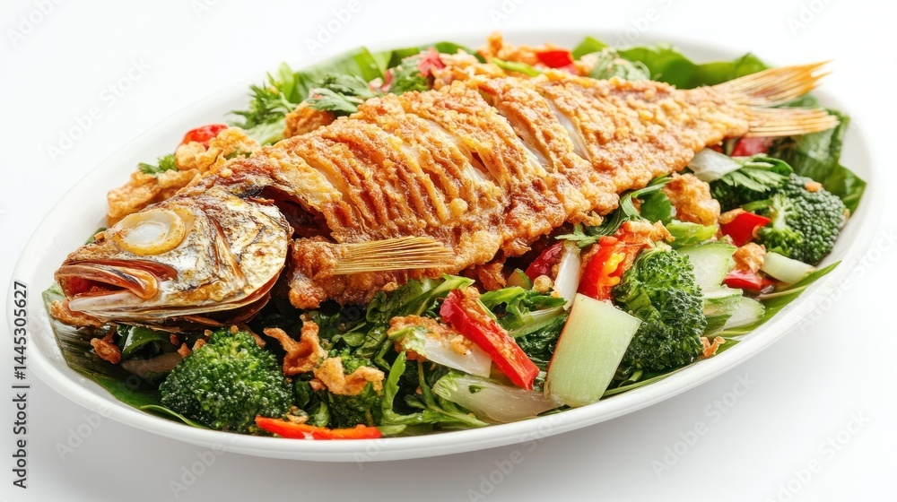 Fried fish, vegetable salad, white plate, studio shot, recipe Fried fish, vegetable salad, white plate, studio shot, recipe