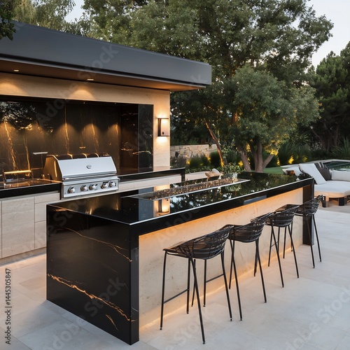 Sleek Luxury Outdoor Kitchen with Built-In BBQ, Stylish Bar, Stools, and Elegant Countertops