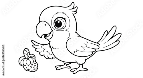Happy Cartoon Parrot Bird Outline Illustration Coloring Page for Children