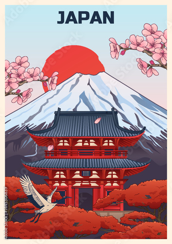 Vintage japanese Illustration with Pagoda and Mont Fuji