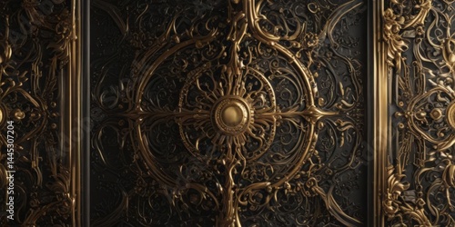 Intricate black & gold design, shimmering overlay , gold foil, scroll, sparkle