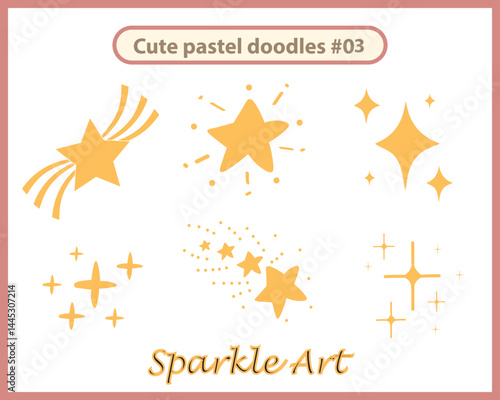 Yellow, gold, orange sparkles scribing doodle. The set of original vector stars sparkle icon. Bright firework, decoration twinkle, shiny flash. Glowing light effect stars and bursts collection. Vector