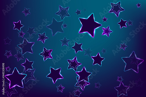 Led photic neon stars vector poster background. Pink blue purple teal neon stars with led light effect. Music banner backdrop. Transparent stars with double outline.