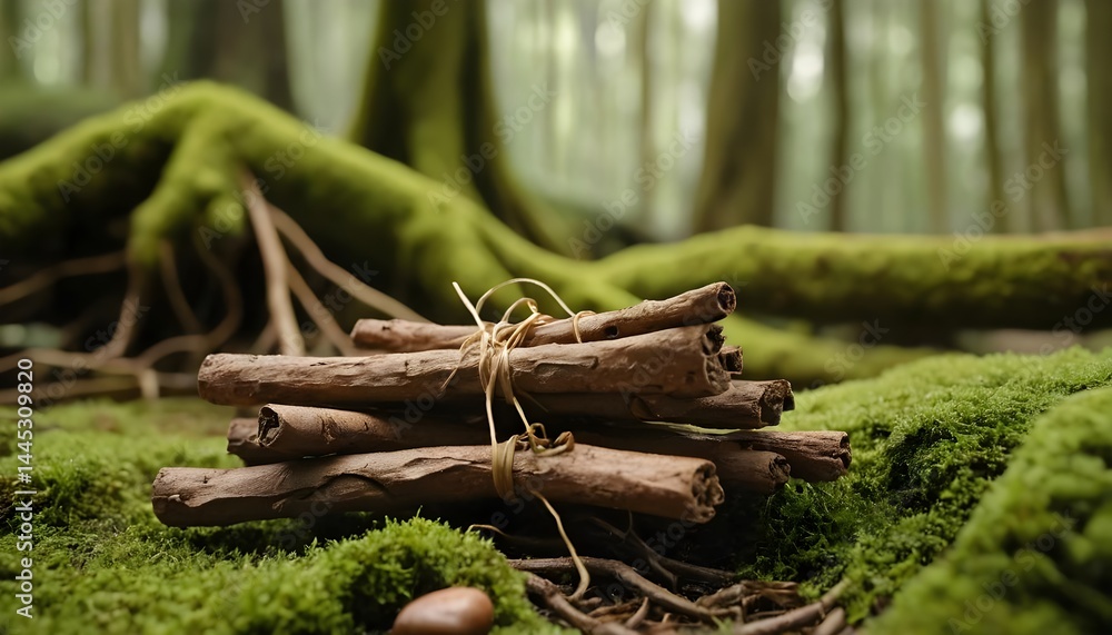 Fototapeta premium Cinnamon Sticks on Moss in Forest