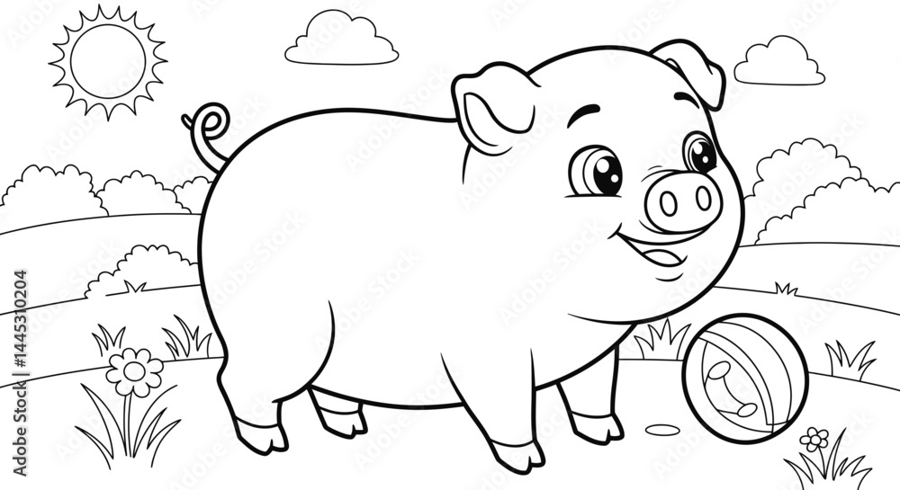Obraz premium Cute Cartoon Laughing Piglet Coloring Sheet Engaging Kids Farm Animal Activity