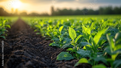 Lush green soybean plants growing in a fertile field at sunset.