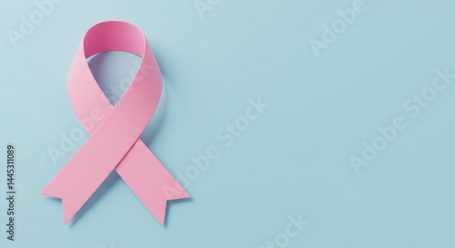 Pink ribbon symbol of breast cancer awareness and struggle on a light blue background, concept for health, support and medical campaigns. copy space.
