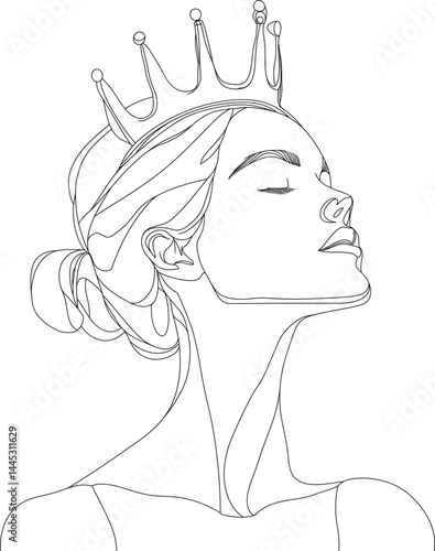Minimalist line art illustration of a female figure wearing crown. elegant queen, black outline art