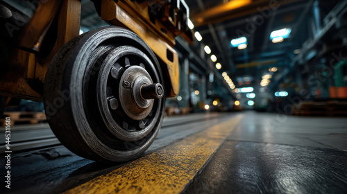 Heavy duty industrial caster wheel closeup on factory floor with yellow safety line and blurred background lights creating focused and intense atmosphere