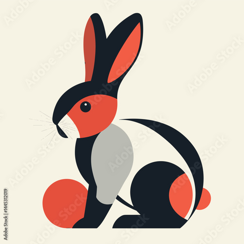 Flat Illustration of Stylized Rabbit, Tame Animal, Cute Bunny Red