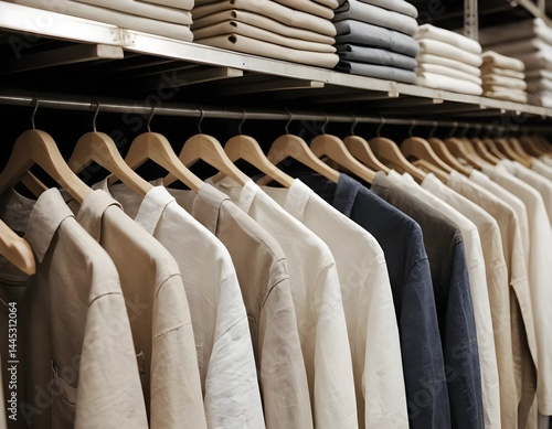Wallpaper Mural Neutral-toned shirts hanging on wooden hangers in a retail store Torontodigital.ca