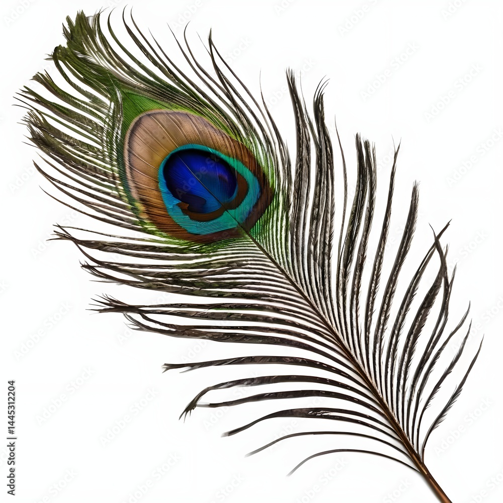 Obraz premium Single Peacock Feather on White Background