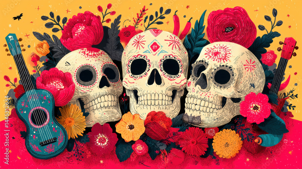 Obraz premium Vivid Cinco de Mayo Design with Mexican Elements and Musical Vibes