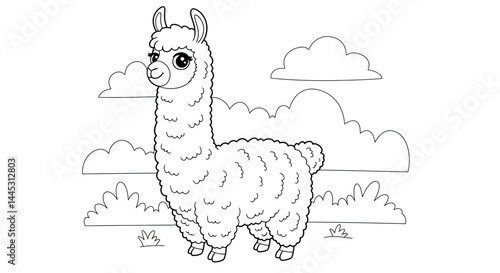 Adorable Young Llama Cartoon Illustration Kids Activity Coloring Page Fun