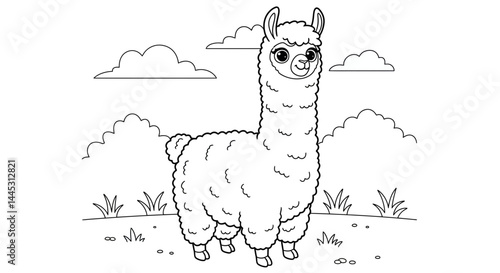 Sweet Young Llama Baby Animal Cartoon Character Coloring Page Children Creative