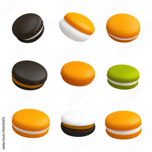 Colorful macarons display bakery food photography bright background. Isolated on transparent background, png.