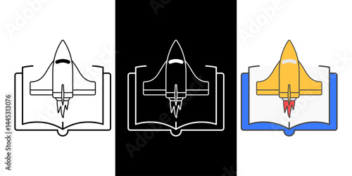 Spaceship and book icon representing science fiction, futuristic adventure novels, and interstellar storytelling with cosmic exploration themes.