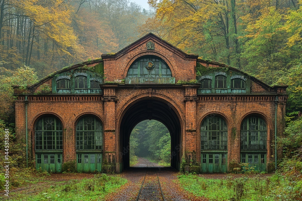 Obraz premium An old brick train station surrounded by autumn foliage and nature