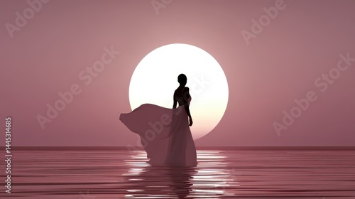 Silhouetted figure in a flowing dress at sunset over water.