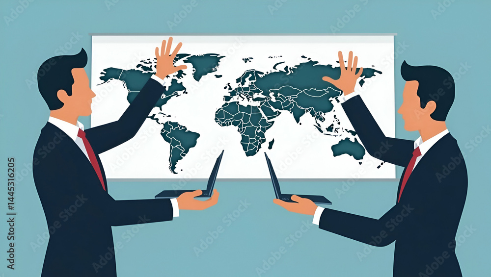 Policy experts comparing business policy US China outcomes by mapping regulatory frameworks and aligning bilateral corporate strategies in Photo Stock Concept and empty space on the left side Policy experts comparing business policy US China outcomes by mapping regulatory frameworks and aligning bilateral corporate strategies in Photo Stock Concept and empty space on the left side