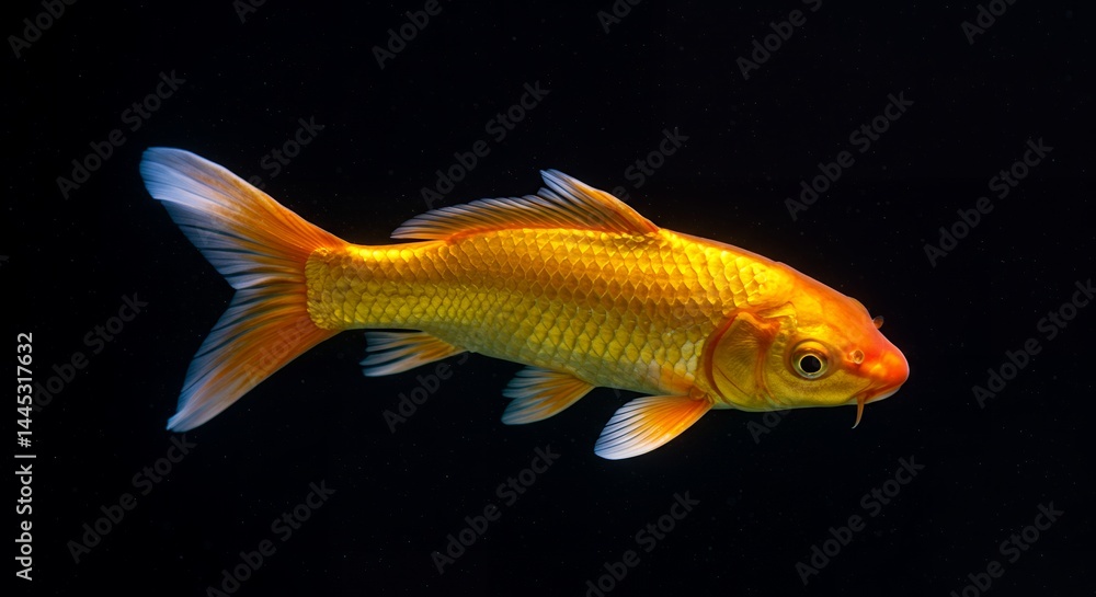 Fototapeta premium Stunning golden koi fish swimming elegantly against a stark black background, showcasing its vibrant scales, fins, and graceful movements in tranquil aquatic environment.