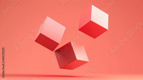 Three floating cubes against a coral background