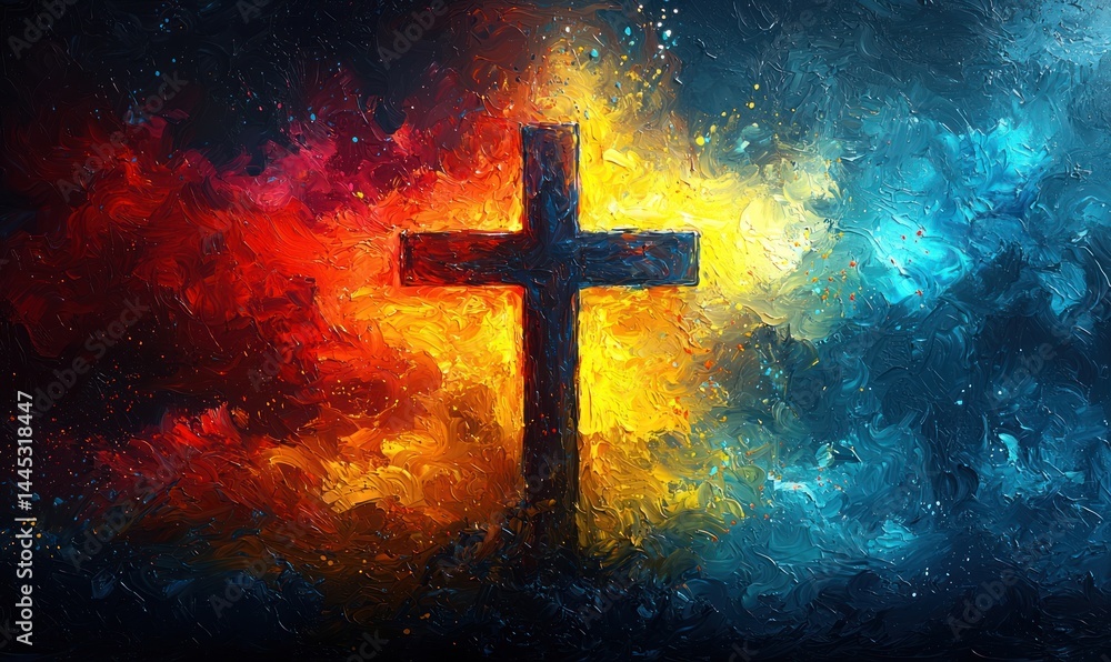 Fototapeta premium Fiery and icy swirls engulf a dark cross, creating a vibrant, contrasting image