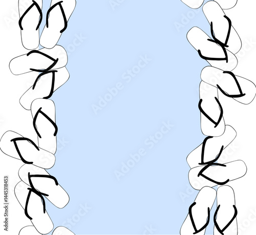 Flip flops summer shoes frame seamless vertical border template for text. Vector graphic line ink illustration. for package, vacation design, fabric and textile.