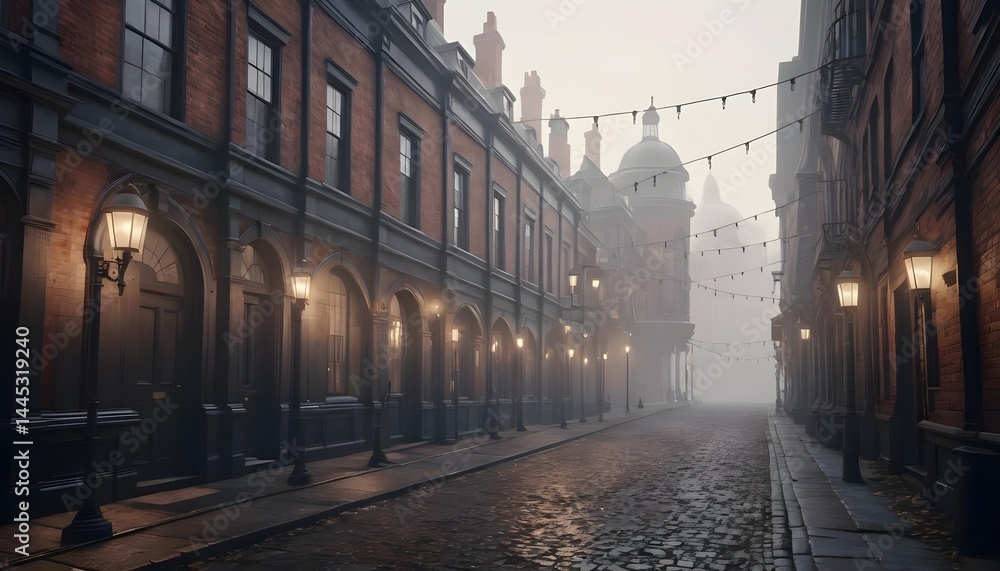 Obraz premium Foggy Cobblestone Street in Historic City
