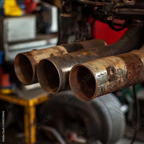 Rusty Triple Exhaust Pipes Industrial Truck Detail Closeup old worn iron aged dark metal brown parts