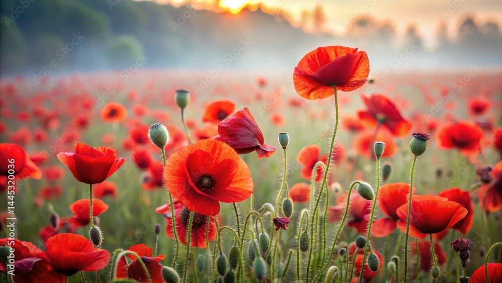 Obraz premium A field of bright red poppy flowers swaying gently in the breeze on a misty Remembrance Day morning , nature
