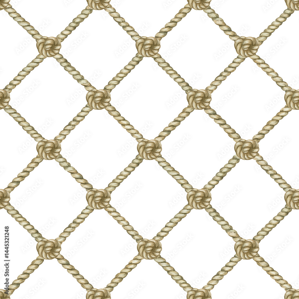 Naklejka premium Seamless nautical style rope pattern with knots. Fishing nautical net. Watercolor illustration for fabric, cover, wrapping.