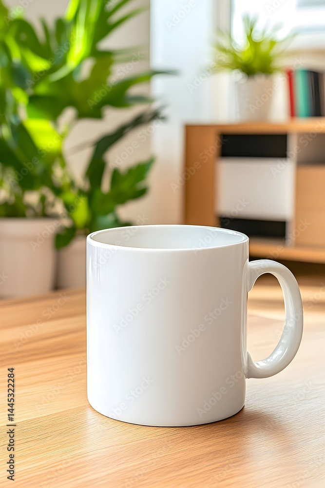 A plain white mug sits on a light wood table, with blurred indoor plants and shelving in the background A plain white mug sits on a light wood table, with blurred indoor plants and shelving in the background