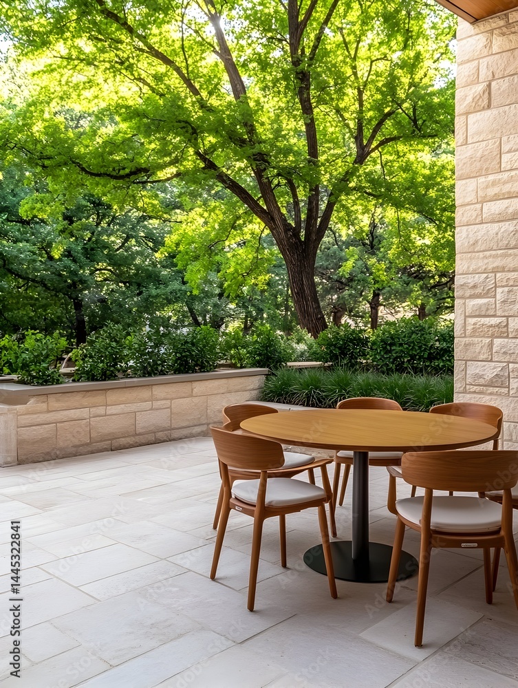 Obraz premium A serene patio scene with a round table and chairs, nestled amongst lush greenery under a sprawling tree