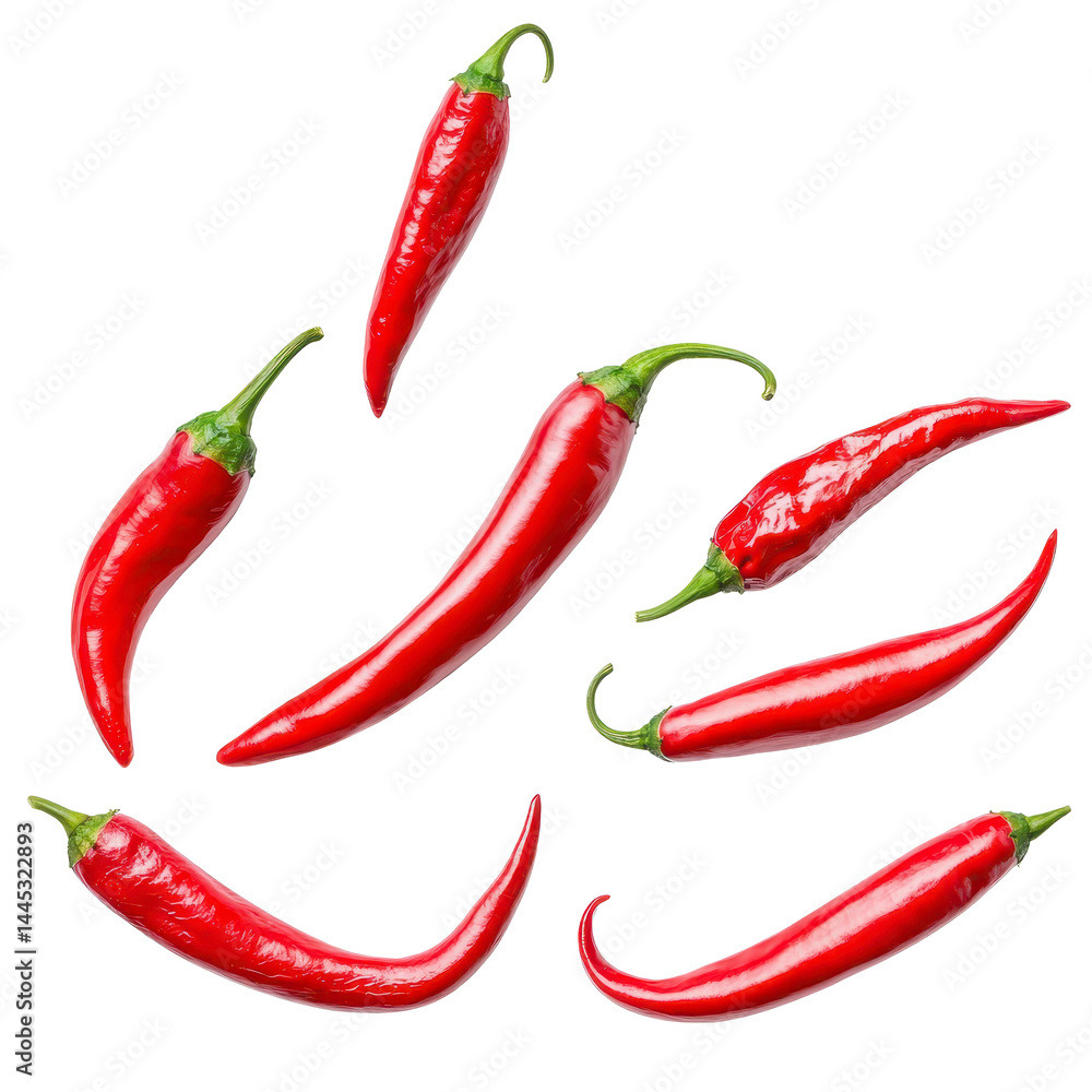 Vibrant red chili peppers are scattered transparency background, showcasing their glossy texture and curved shapes. These spicy vegetables are often used to add heat and flavor to various dishes Vibrant red chili peppers are scattered transparency background, showcasing their glossy texture and curved shapes. These spicy vegetables are often used to add heat and flavor to various dishes