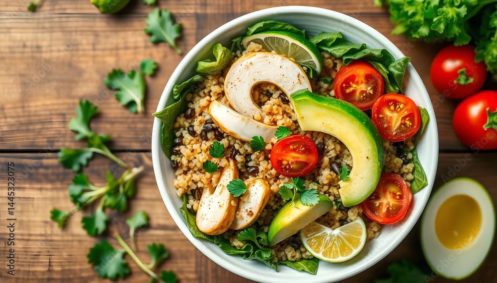 Healthy salad bowl with quinoa, tomatoes, chicken, avocado, lime and mixed greens (lettuce, parsley) on wooden background top view. Food and health, dramatic atmosphere. with white shades Healthy salad bowl with quinoa, tomatoes, chicken, avocado, lime and mixed greens (lettuce, parsley) on wooden background top view. Food and health, dramatic atmosphere. with white shades