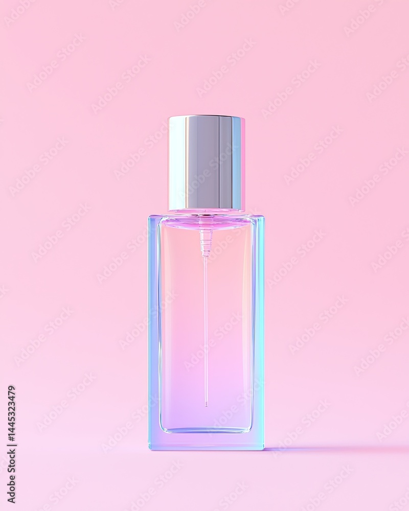 Reflective Cosmetic Bottle on Pink Gradient Background Reflective Cosmetic Bottle on Pink Gradient Background