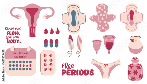 Set of feminine hygiene period goods isolated on white. Sanitary pads, tampons, menstrual cup, menstruation calendar tracker, birth control pills, painkillers tablets.