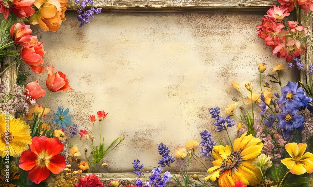 Charming Spring Flower Frame with Colorful Blooms. AI generated illustration. Charming Spring Flower Frame with Colorful Blooms. AI generated illustration.