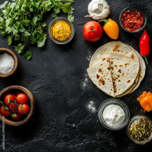 Top-down: quesadilla ingredients on dark.