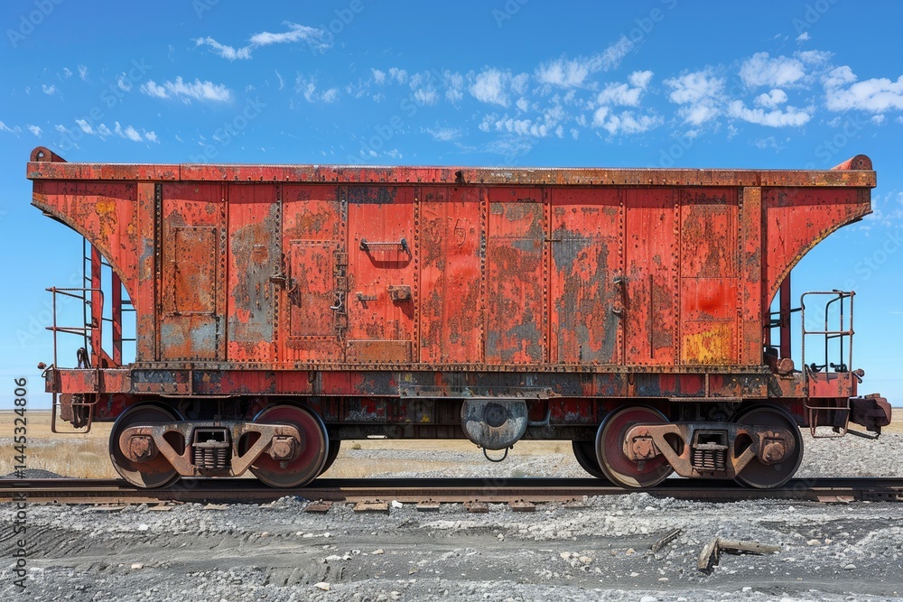 Naklejka premium An old weathered freight train car sits on the railway track