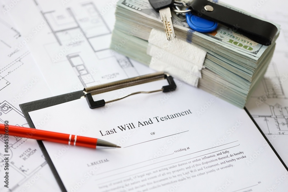 Pen and keys on Last will and testament form and planning blueprints of residential building project Pen and keys on Last will and testament form and planning blueprints of residential building project