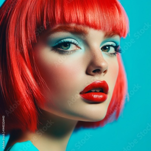 Young woman, pop art style, red wig, on blue.