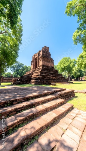 Ancient sandstone structure, tiered platform, steps leading to it, surrounded by lush green trees under a bright blue sky