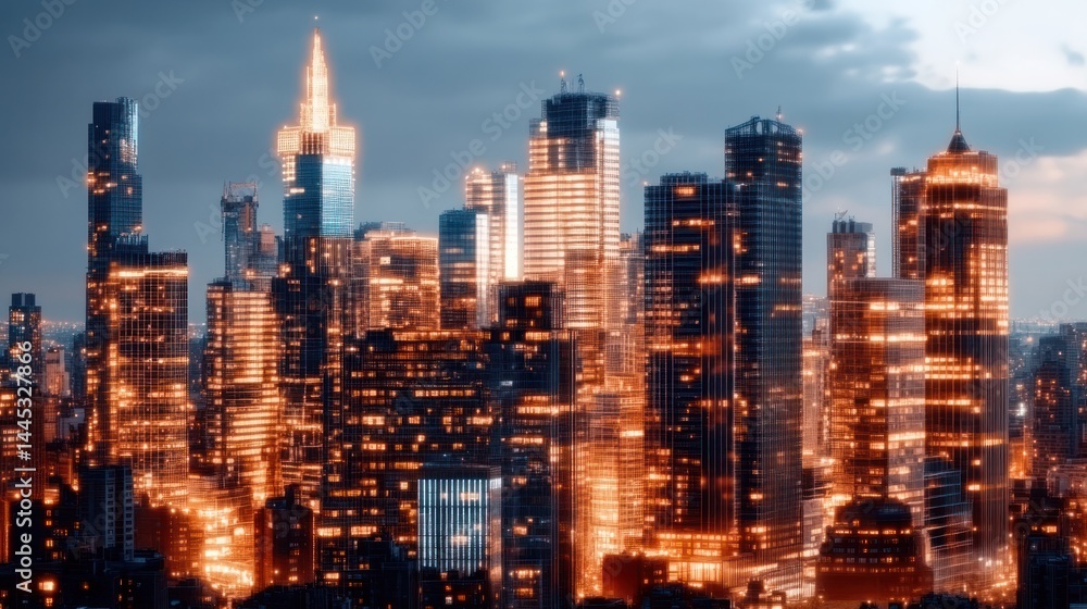 Obraz premium Illuminated Metropolis at Dusk: The cityscape comes alive at dusk with a mesmerizing display of lights dancing across the towering skyscrapers and buildings.