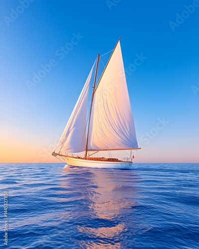 Classic sailboat glides across calm ocean at sunset, sails full, reflecting golden light
